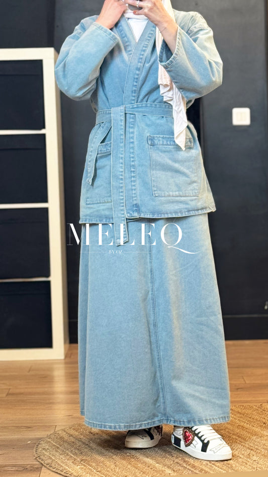 Ensemble Denim ceinturé - Veste & Jupe Longue